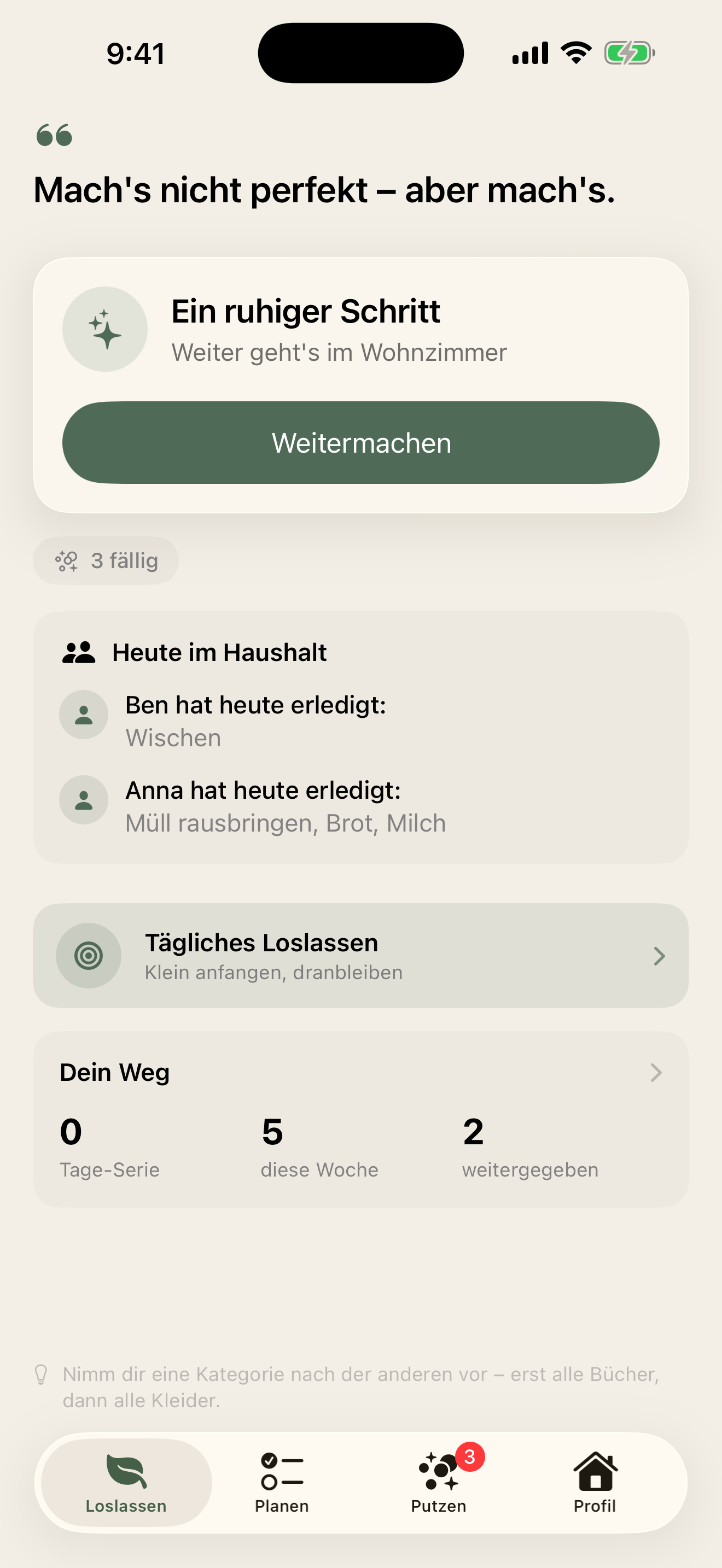 Loslassen-Tab mit ruhigem Impuls und einem Fokus-Schritt für heute