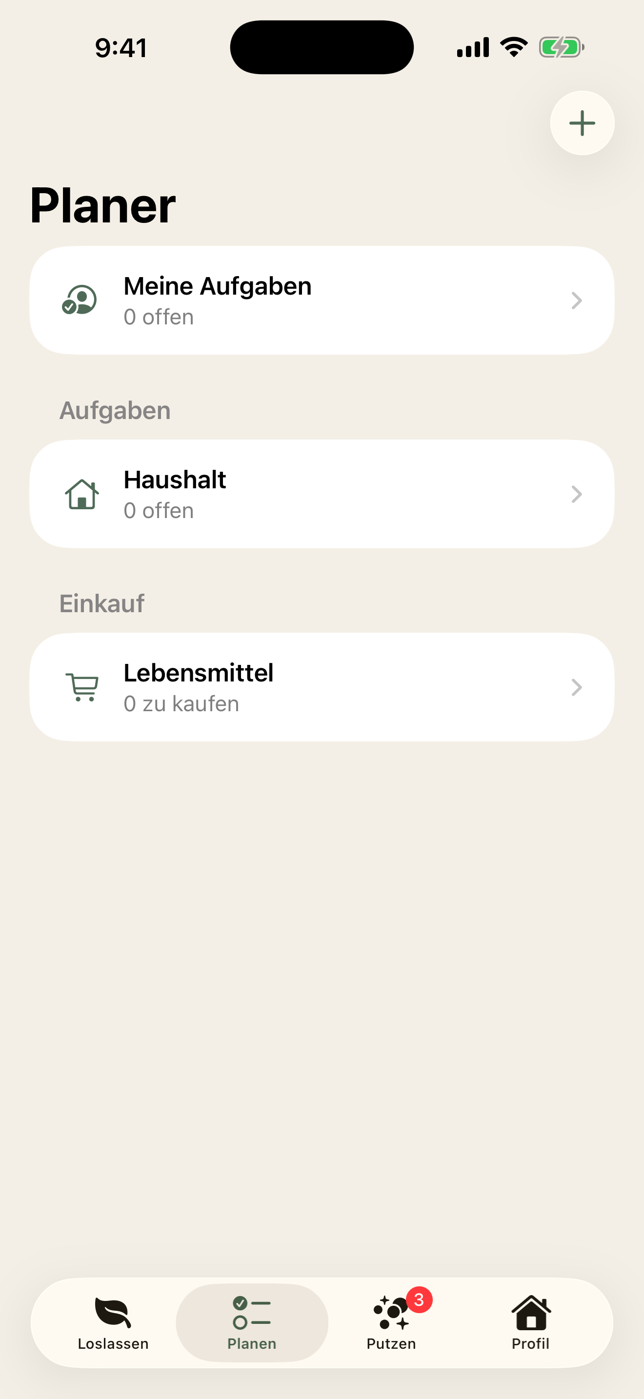 Planen-Tab mit Aufgaben- und Einkaufslisten nach Kategorien