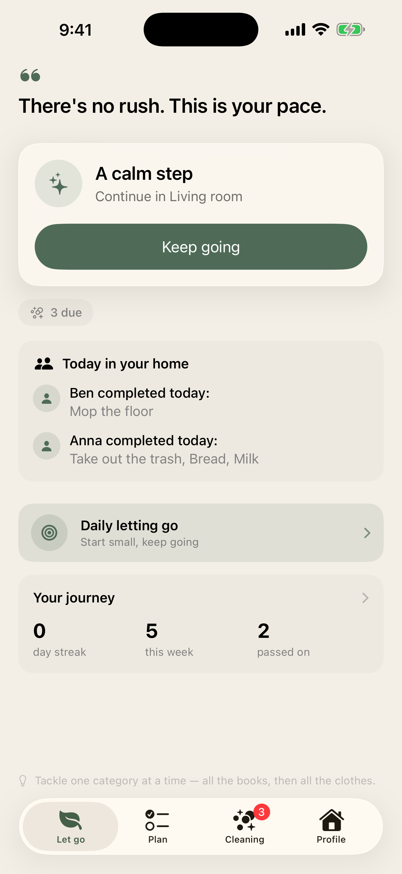 Let-go tab with a calm prompt and one focus step for today