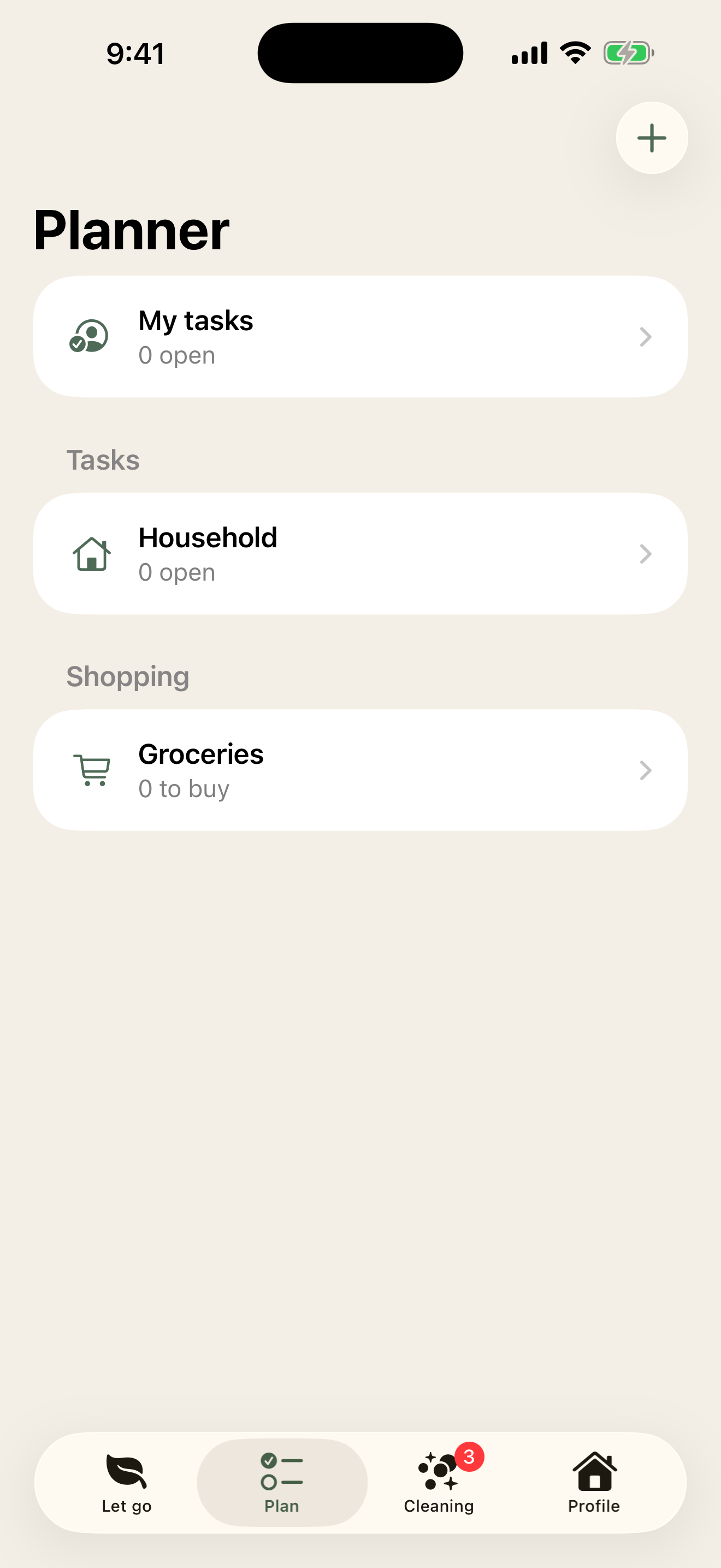 Plan tab with task and shopping lists grouped by category