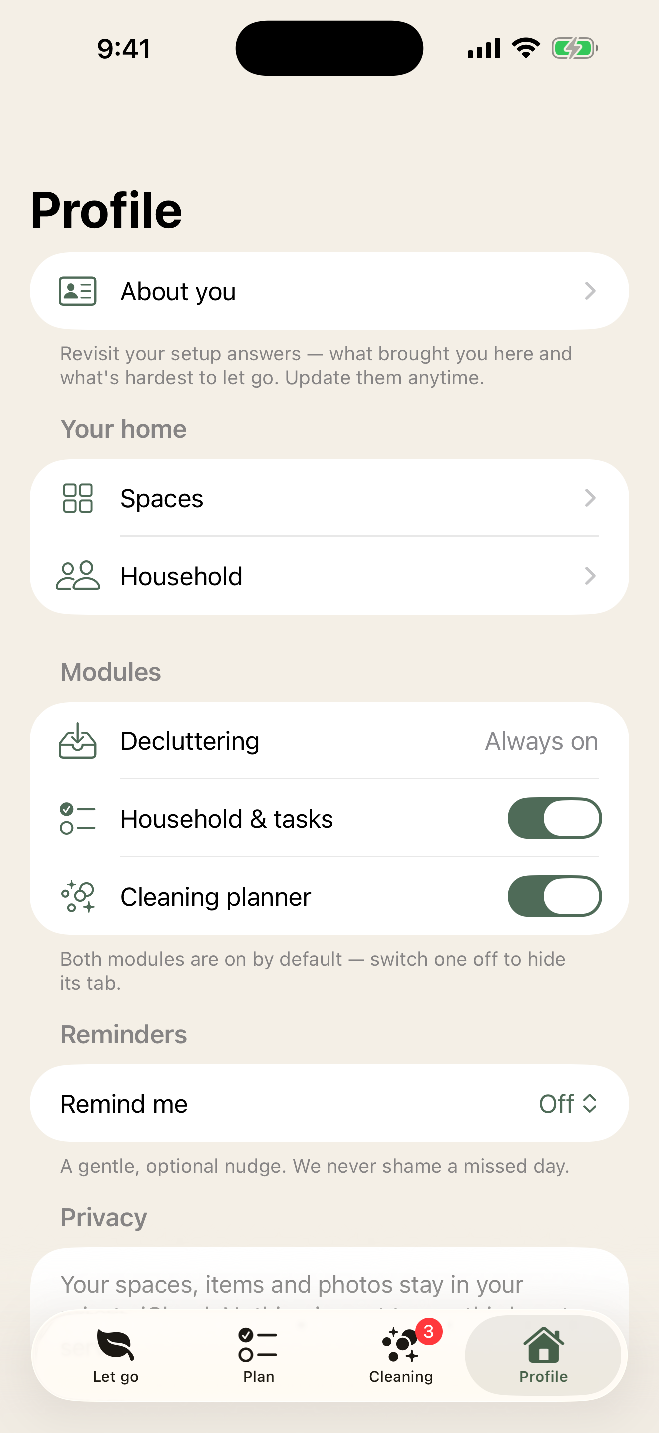 Profile view with “Your home” and privacy notes